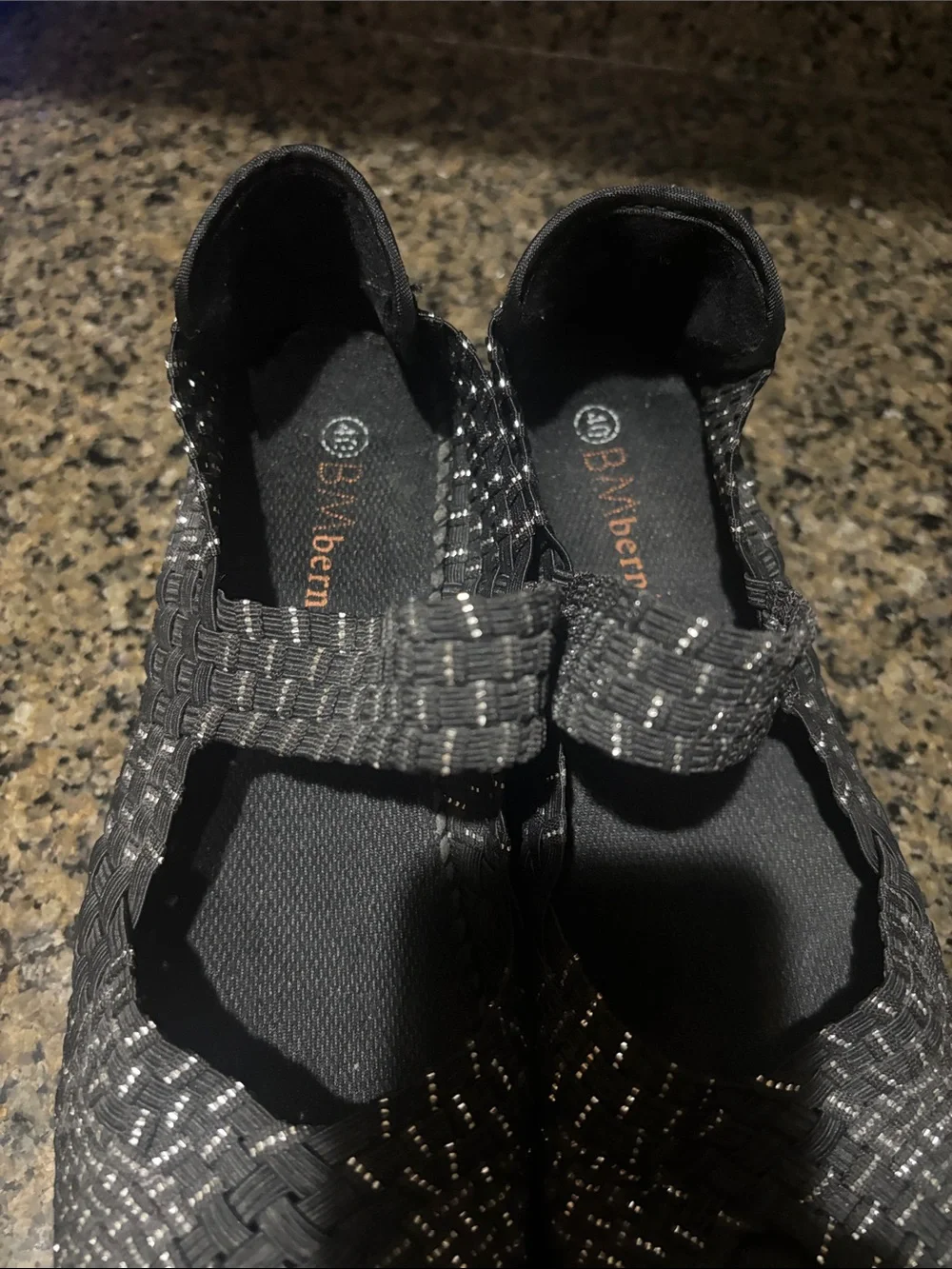 bernie mev. Black & Silver Woven Wedge Sandals